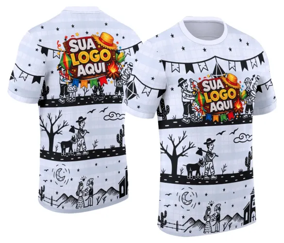 Camisa com logo no peito e estampa grande nas costas, apresentando design colorido e festivo inspirado nas comemorações de festa junina, perfeita para eventos e celebrações temáticas.