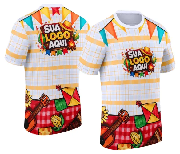 Camisa com logo no peito e estampa grande nas costas, exibindo design festivo com elementos típicos de festa junina, cores vibrantes e estilo alegre que represente a celebração do arraiá.