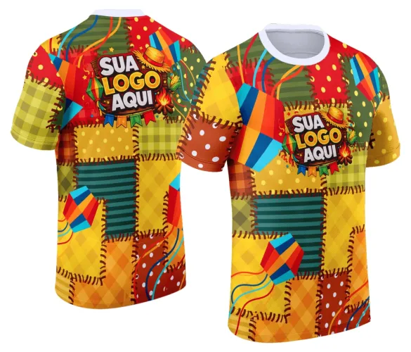 Camisa Festa Junina com logo no peito e estampa grande nas costas colorida e vibrante, perfeita para arrasar no arraiá com estilo e diversão garantida.