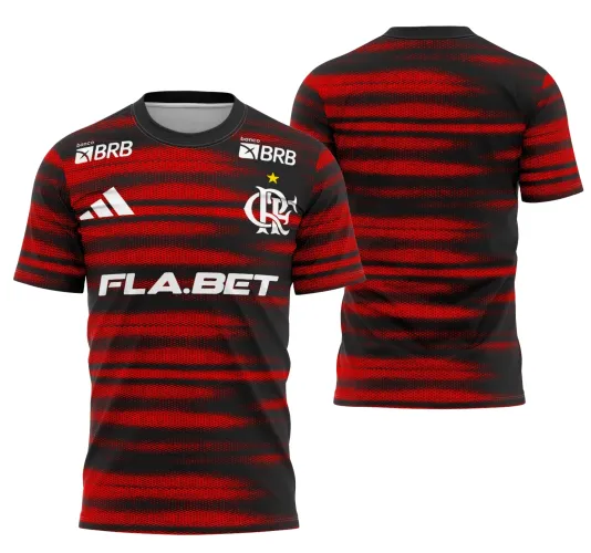 Camisa com listras pretas e vermelhas horizontais na frente e costas, logos BRB e Adidas na parte superior, escudo CRF branco com estrela amarela e texto FLA.BET branco na frente.