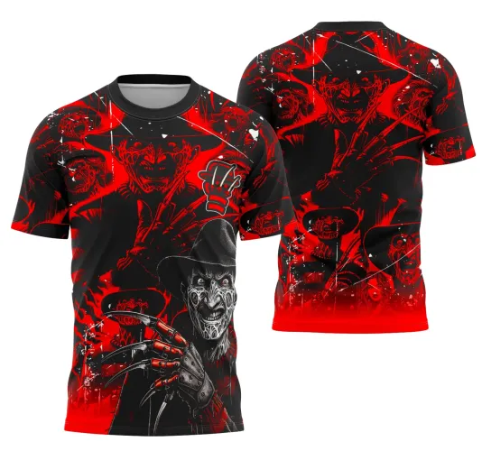 Camisa preta e vermelha com figura detalhada de Freddy Krueger na frente e várias faces em vermelho na parte de trás, com um degradê vermelho na barra inferior e um símbolo de mão com garras no peito.