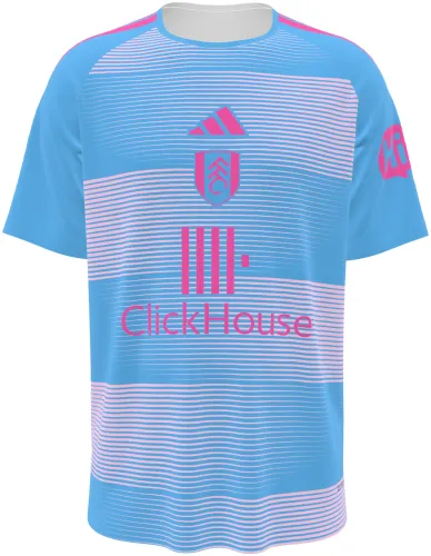 Camisa terceiro uniforme do Fulham FC 2026 - 2027 azul-celeste com listras brancas, frente e costas