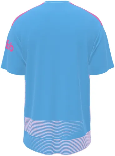 Camisa terceiro uniforme do Fulham FC 2026 - 2027 azul-celeste com listras brancas, frente e costas