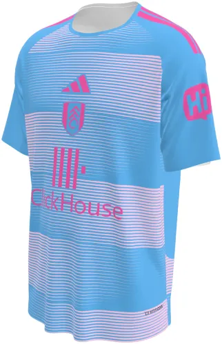 Camisa terceiro uniforme do Fulham FC 2026 - 2027 azul-celeste com listras brancas, frente e costas