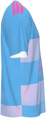 Camisa terceiro uniforme do Fulham FC 2026 - 2027 azul-celeste com listras brancas, frente e costas