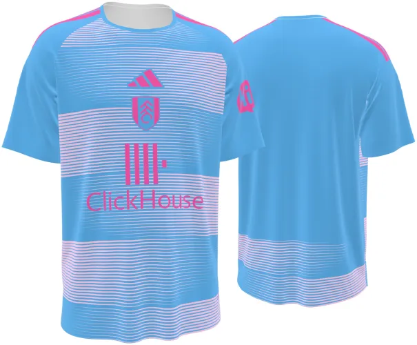 Camisa terceiro uniforme do Fulham FC 2026 - 2027 azul-celeste com listras brancas, frente e costas