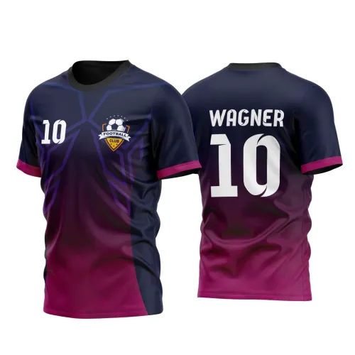 Camisa de futebol com degradê do azul escuro ao rosa escuro, escudo com bola e nome WAGNER e número 10 em branco nas costas, e número 10 também na frente; mangas com detalhes em rosa e preto.