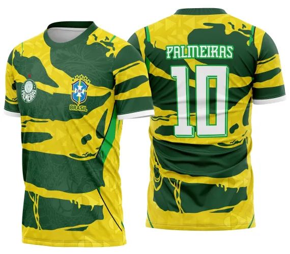 Camisa personalizada com logo no peito e estampa grande nas costas, vibrando com as cores e energia da torcida do Brasil para a Copa do Mundo, trazendo um design marcante e cheio de vida.