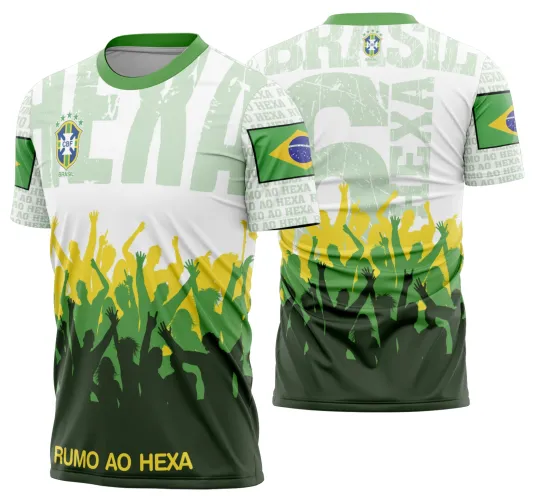 Camisa de futebol com logo no peito e estampa grande nas costas, representando a torcida do Brasil com design vibrante e moderno, cores tradicionais e visual que destaca paixão pelo esporte.