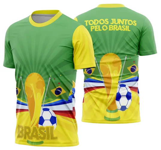 Camisa de futebol com logo no peito e estampa grande nas costas, apresentando design vibrante em verde e amarelo, estilo torcida apaixonada pelo Brasil, ideal para celebrar a paixão pelo futebol.