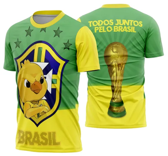 Camisa vibrante da torcida do Brasil com logo no peito e estampa grande nas costas em estilo copa de futebol, destacando as cores nacionais de forma marcante e cheia de energia.