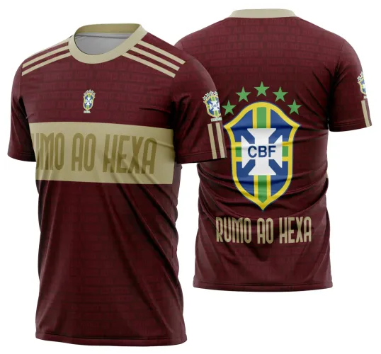 Foto da camisa de futebol com logo no peito e estampa grande nas costas, representando a torcida do Brasil com cores vibrantes e design estilizado inspirado na Copa do Mundo.