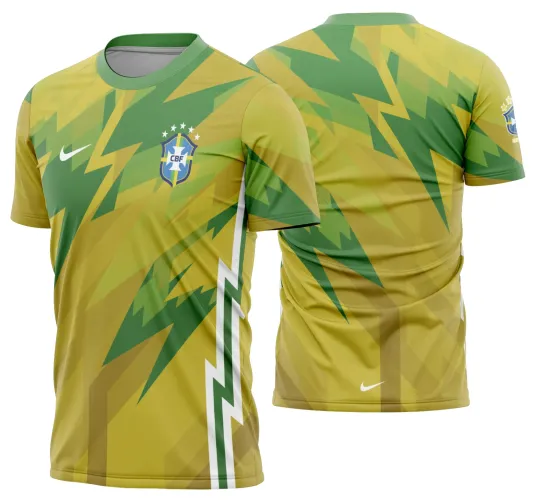 Camisa com logo no peito em destaque e estampa grande nas costas retratando a paixão da torcida do Brasil na Copa do Mundo, com cores vibrantes e design marcante.