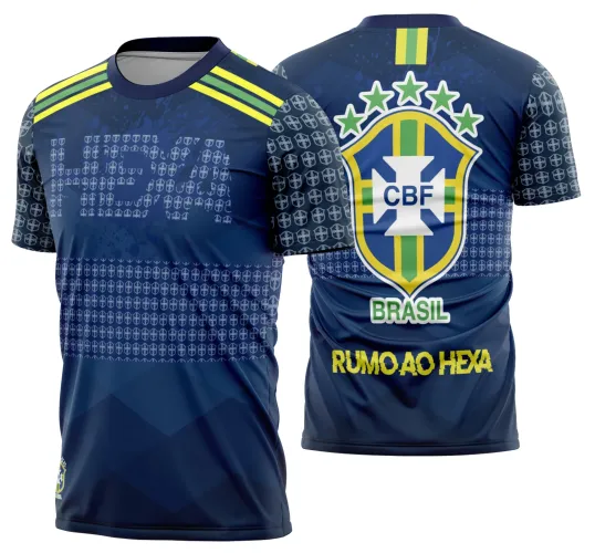 Camisa de futebol com logo no peito e estampa grande nas costas inspirada na torcida do Brasil durante a Copa, com cores vibrantes e design impactante.