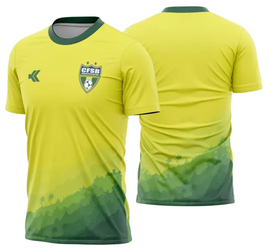 Imagem da camisa de futebol com logo no peito e estampa grande nas costas em estilo vibrante e colorido, representando a paixão pela torcida do Brasil e o clima da Copa do Mundo.