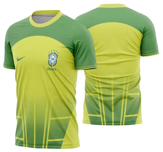 Camisa de futebol com logo no peito e estampa grande nas costas, combinando o espírito da torcida Brasil em estilo Copa do Mundo vibrante e cheio de identidade nacional.