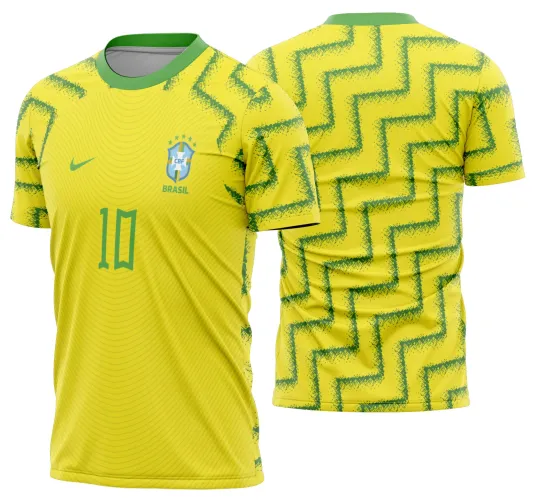 Camisa com logo no peito e estampa grande nas costas, temática da torcida do Brasil na Copa do Mundo, mostrando cores vibrantes e design moderno que transmite paixão pelo futebol e espírito de torcida.