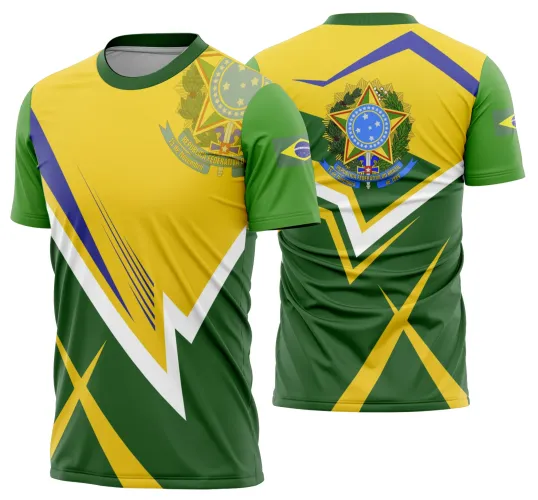 Imagem de uma camisa de futebol com logo no peito e estampa grande nas costas, destacando o orgulho da torcida do Brasil no estilo Copa do Mundo 30.