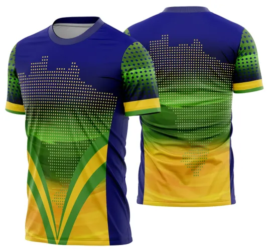 Camisa estilizada com logo no peito e estampa grande nas costas mostrando a torcida do Brasil na Copa do Mundo, com cores vibrantes e design esportivo marcante.