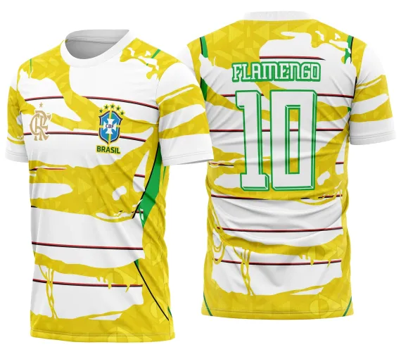 Camisa de futebol rubro-negra com logo no peito e estampa grande nas costas exibindo design vibrante e detalhado em cores fortes