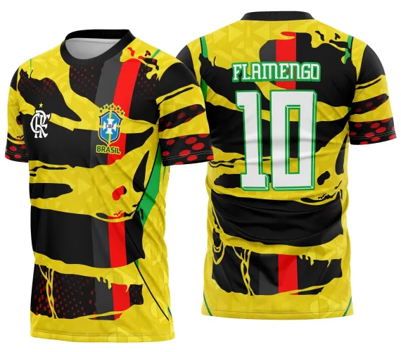 Camisa rubro-negra com logo no peito e estampa grande nas costas que remete à energia e paixão da Copa Brasil, em estilo esportivo e moderno, ideal para torcedores vibrantes e apaixonados pelo futebol.
