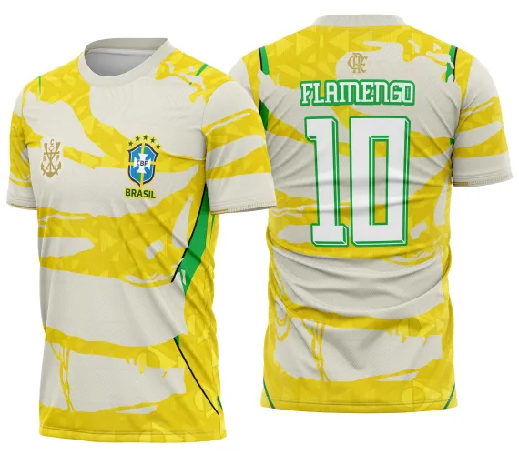 Foto de camisa rubro-negra com logo no peito e estampa grande nas costas, apresentando design vibrante e detalhes que remetem à Copa Brasil, perfeita para apaixonados pelo futebol.