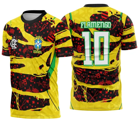 Camisa de futebol rubro-negro com logo no peito e estampa grande nas costas que destaca o modelo 10, em cores vibrantes e design detalhado, ideal para torcedores apaixonados.