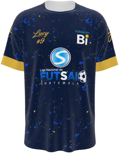 Camisa de futsal azul marinho com respingos e detalhes dourados, frente e costas
