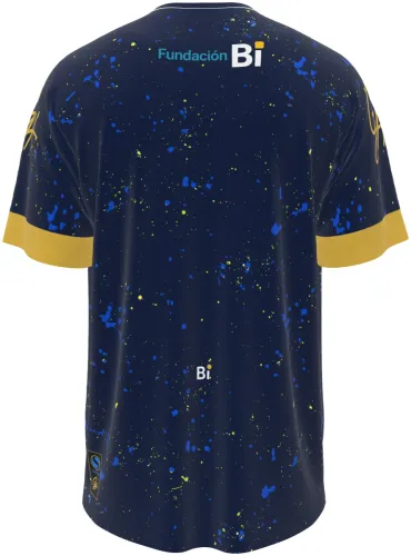 Camisa de futsal azul marinho com respingos e detalhes dourados, frente e costas