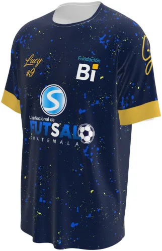 Camisa de futsal azul marinho com respingos e detalhes dourados, frente e costas