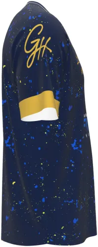 Camisa de futsal azul marinho com respingos e detalhes dourados, frente e costas