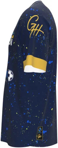 Camisa de futsal azul marinho com respingos e detalhes dourados, frente e costas