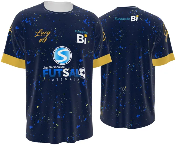 Camisa de futsal azul marinho com respingos e detalhes dourados, frente e costas