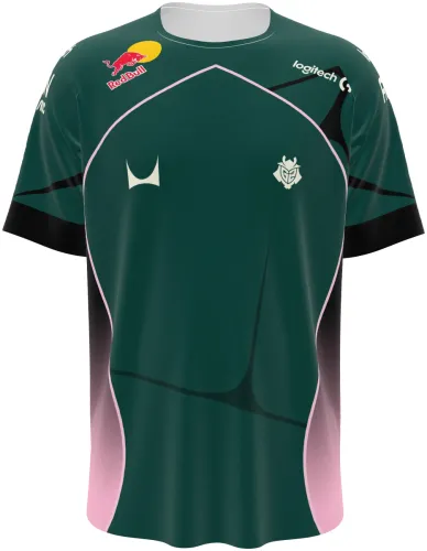 Camisa G2 Esports 2026 verde e rosa, manga curta, frente e costas em mockup