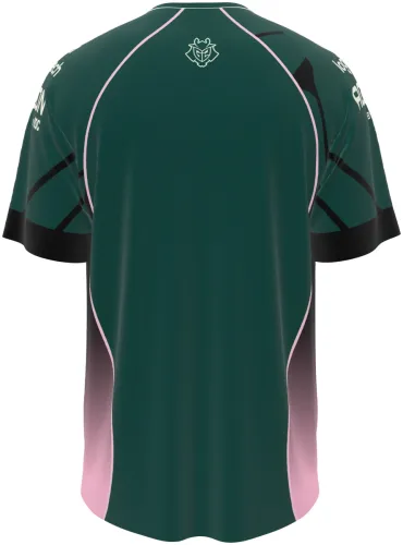 Camisa G2 Esports 2026 verde e rosa, manga curta, frente e costas em mockup