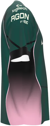 Camisa G2 Esports 2026 verde e rosa, manga curta, frente e costas em mockup