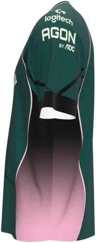 Camisa G2 Esports 2026 verde e rosa, manga curta, frente e costas em mockup