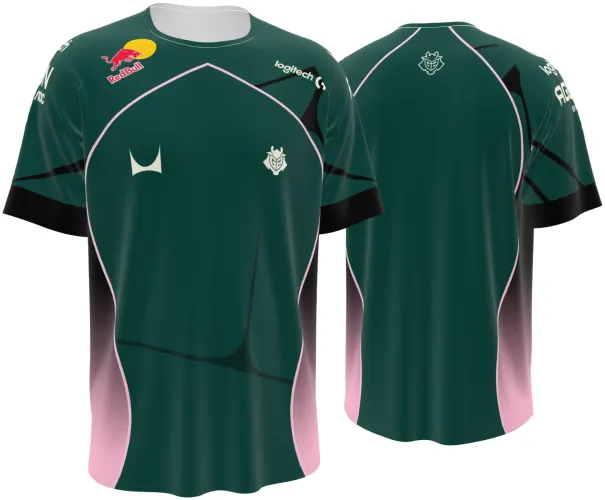 Camisa G2 Esports 2026 verde e rosa, manga curta, frente e costas em mockup