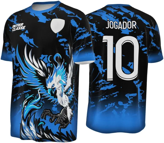 Camisa preta com manchas azuis, gavião branco e azul em destaque na frente, textos INTER CLASSE no peito, costas com número 10 e nome JOGADOR em branco.