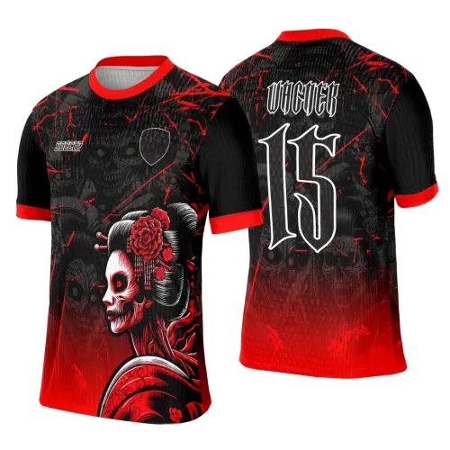Camisa preta e vermelha com estampa frontal de geisha caveira e flores vermelhas, punhos vermelhos e costas em degradê com o nome WIGTER acima do número 15 em branco.