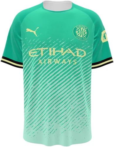 Camisa terceiro uniforme do Girona FC 2026 - 2027 verde com degradê e riscos, frente e costas