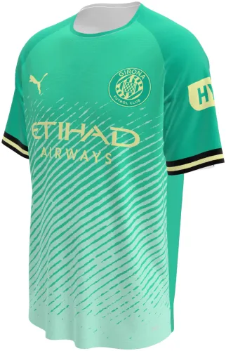 Camisa terceiro uniforme do Girona FC 2026 - 2027 verde com degradê e riscos, frente e costas