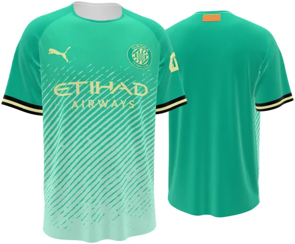 Camisa terceiro uniforme do Girona FC 2026 - 2027 verde com degradê e riscos, frente e costas