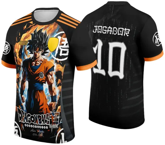 Camisa preta com detalhes laranja, na frente destaca-se Goku em pose de poder com chamas ao redor, símbolos japoneses espalhados, texto Dragon Ball Super na parte inferior; costas com número 10 e texto JOGADOR em branco.