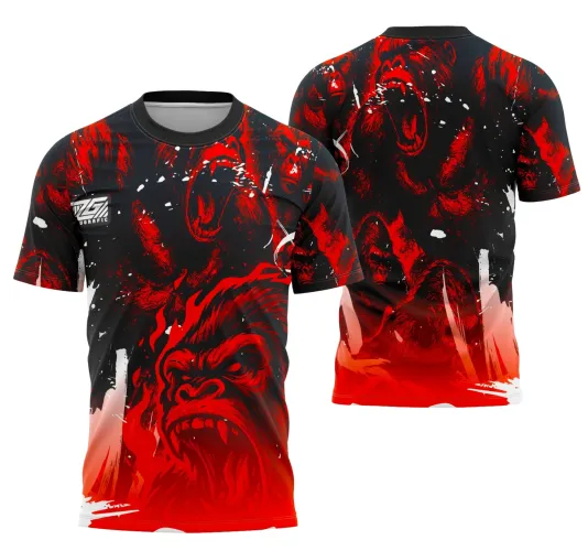 Camisa preta e vermelha com estampa de gorila furioso na frente e costas, destaque para rosto agressivo do gorila e efeitos de manchas brancas, texto JOGADOR no ombro, mostrando visual impactante e vibrante