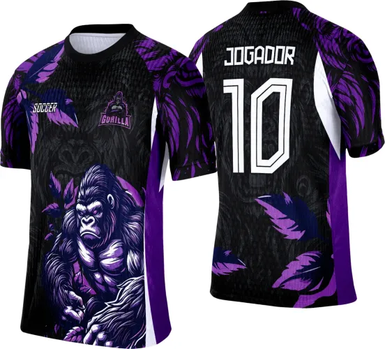 Camisa com frente preta detalhada por gorila roxo e branco forte, folhas roxas e azuis, textos SOCCER e GORILLA. Costas pretas com número 10 e JOGADOR em branco, laterais roxas com faixa branca.