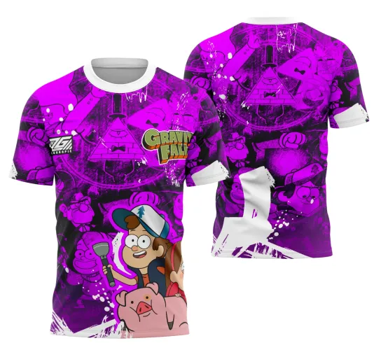 Camisa com frente em tons de roxo com Dipper segurando lanterna e um porco, fundo detalhado em preto. Nas costas, um triângulo com chapéu e gravata borboleta em destaque, fundo roxo com personagens geometrizados. Texto Gravity Falls visível na frente.