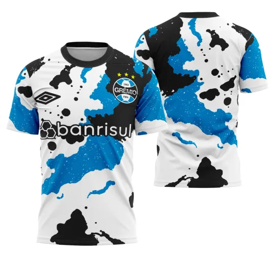 Camisa branca com manchas irregulares em azul e preto, escudo do Grêmio e logo Umbro na frente junto com texto banrisul, costas com manchas grandes azuis e pretas sobre fundo branco, gola preta redonda.