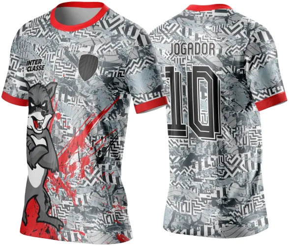Camisa cinza com padrões geométricos e splash vermelhos, mascote guaxinim confiante na frente à esquerda com texto INTER CLASSE, costas com número 10 e texto JOGADOR em preto.