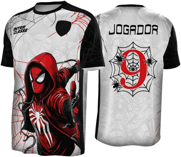 Camisa branca com mangas e laterais pretas, frente com Homem-Aranha de capuz vermelho em pose lançando teia, texto INTER CLASSE e escudo preto; costas com número 9 vermelho em teia preta, aranhas pretas e texto JOGADOR.